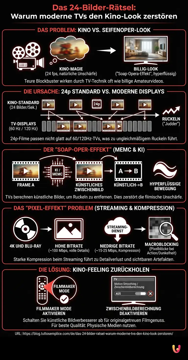 Das 24-Bilder-Rätsel: Warum moderne TVs den Kino-Look zerstören - Zusammenfassende Infografik