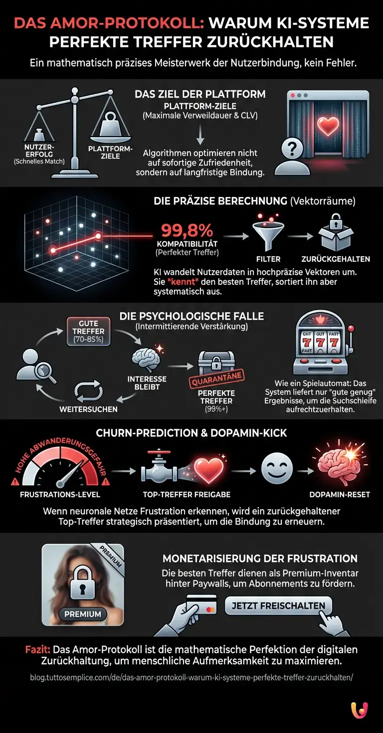 Das Amor-Protokoll: Warum KI-Systeme perfekte Treffer zur&uuml;ckhalten - Zusammenfassende Infografik