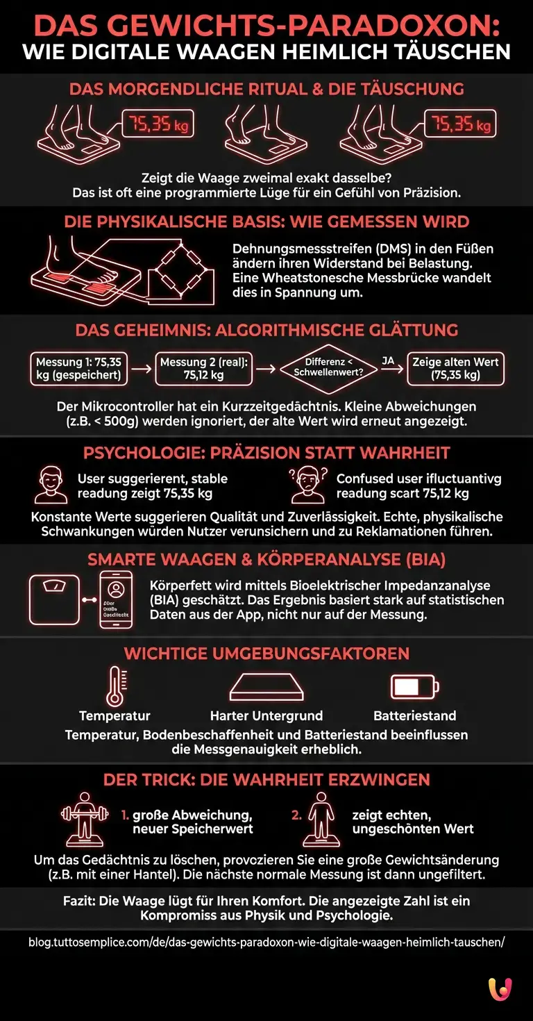 Das Gewichts-Paradoxon: Wie digitale Waagen heimlich t&auml;uschen - Zusammenfassende Infografik