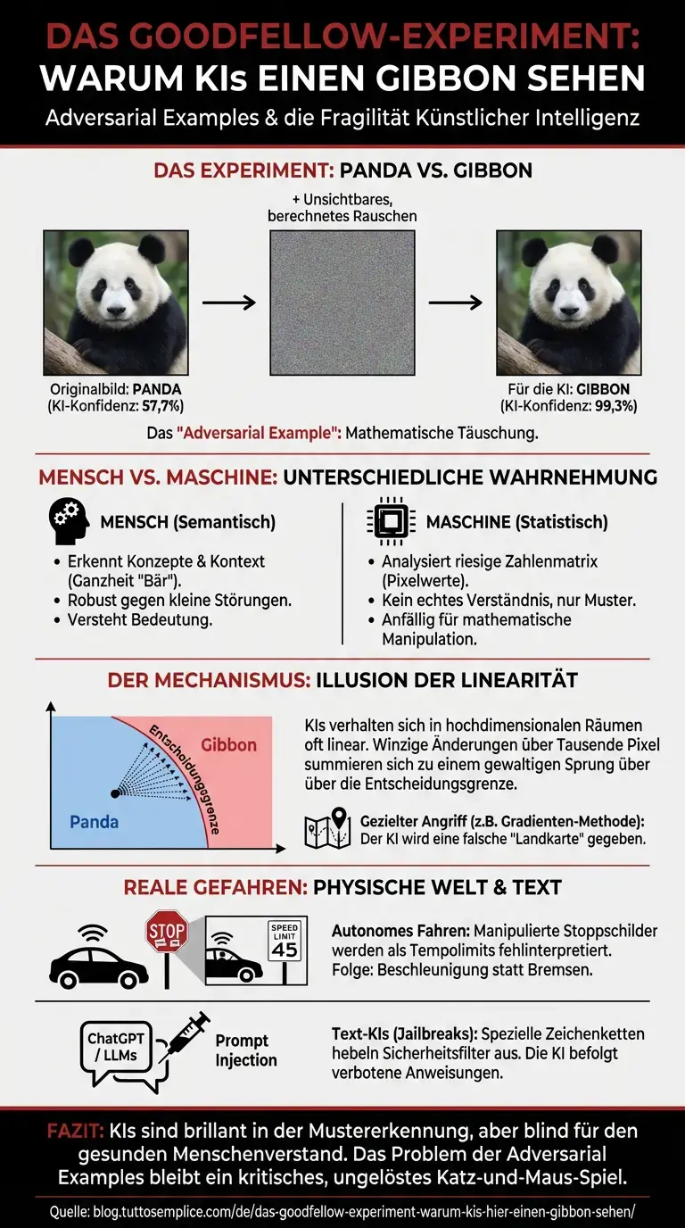 Das Goodfellow-Experiment: Warum KIs hier einen Gibbon sehen - Zusammenfassende Infografik