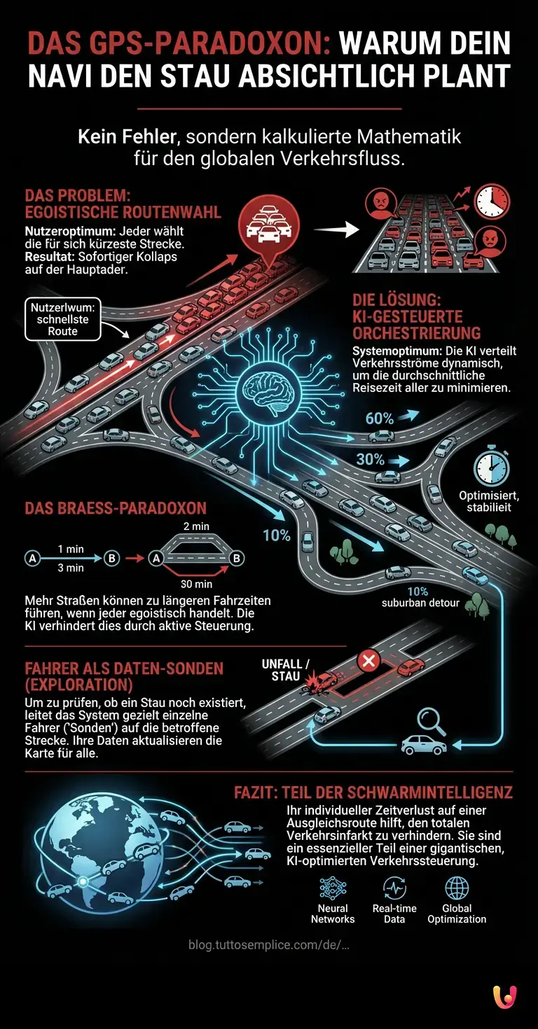 Das GPS-Paradoxon: Warum dein Navi den Stau absichtlich plant - Zusammenfassende Infografik