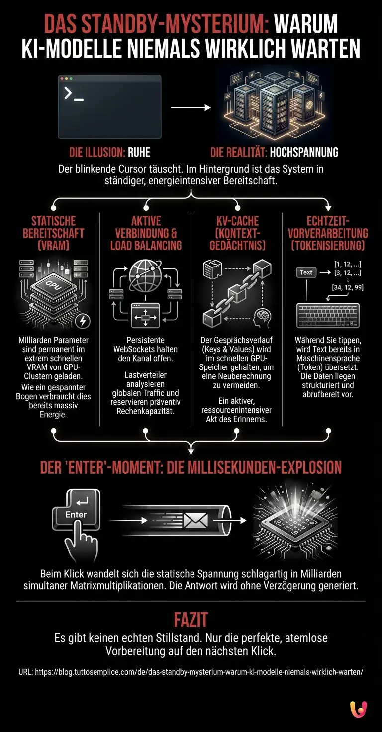 Das Standby-Mysterium: Warum KI-Modelle niemals wirklich warten - Zusammenfassende Infografik