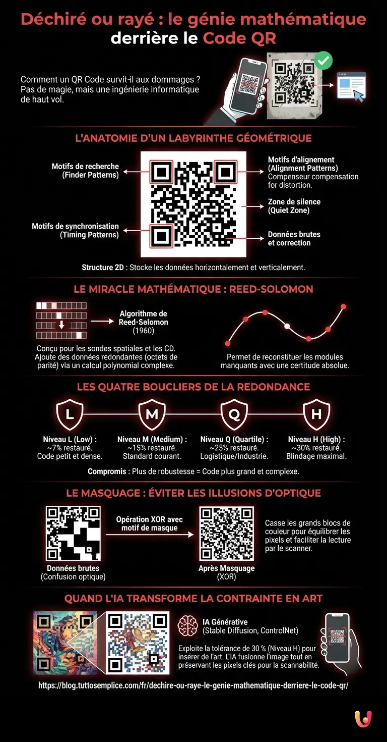 D&eacute;chir&eacute; ou ray&eacute; : le g&eacute;nie math&eacute;matique derri&egrave;re le Code QR - Infographie r&eacute;sumant