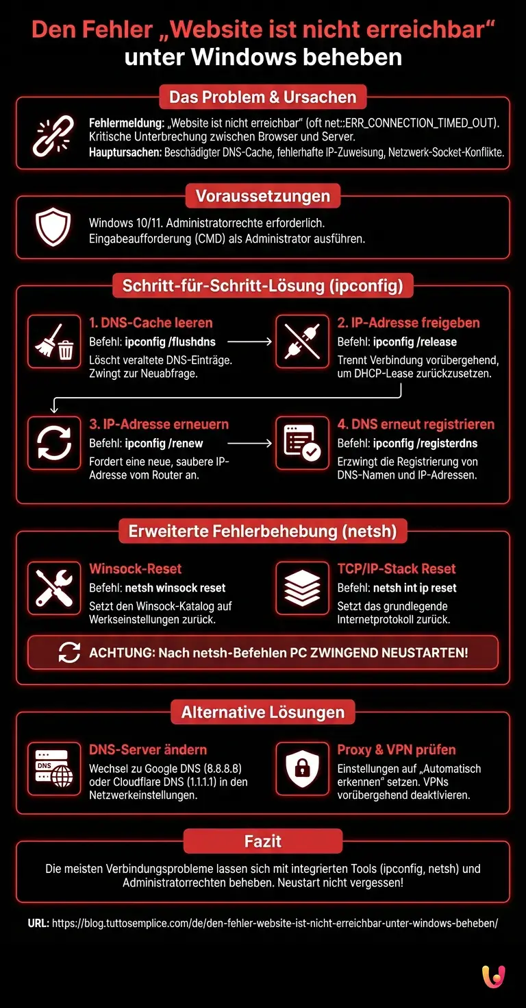 Den Fehler &bdquo;Website ist nicht erreichbar&ldquo; unter Windows beheben - Zusammenfassende Infografik