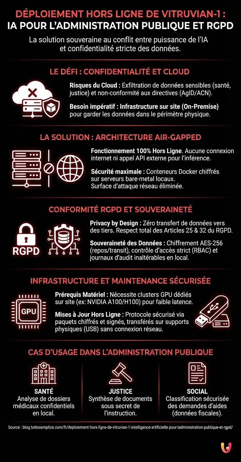 D&eacute;ploiement Hors Ligne de Vitruvian-1 : Intelligence Artificielle pour l'Administration Publique et RGPD - Infographie r&eacute;sumant