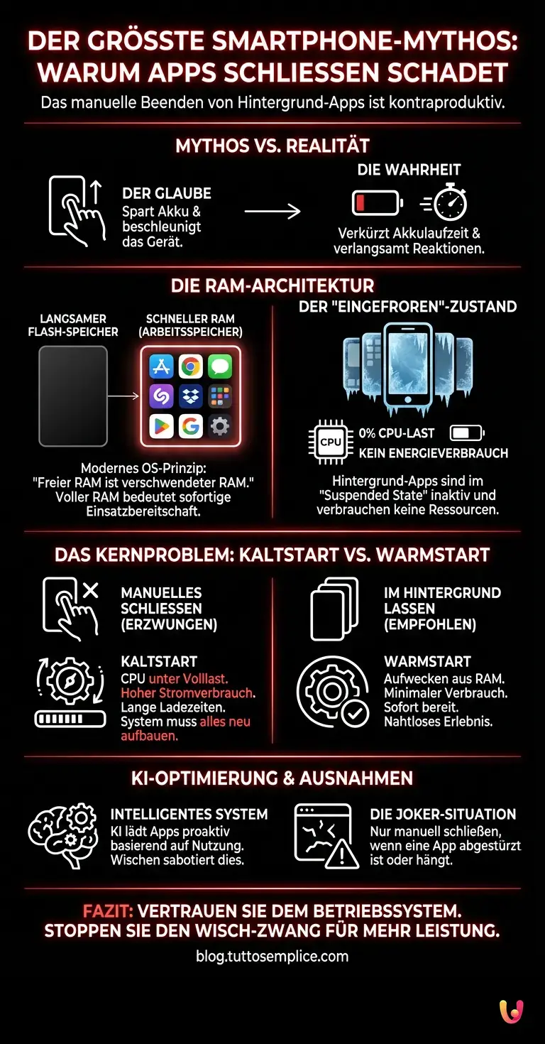 Der gr&ouml;&szlig;te Smartphone-Mythos: Warum Apps schlie&szlig;en wirklich schadet - Zusammenfassende Infografik