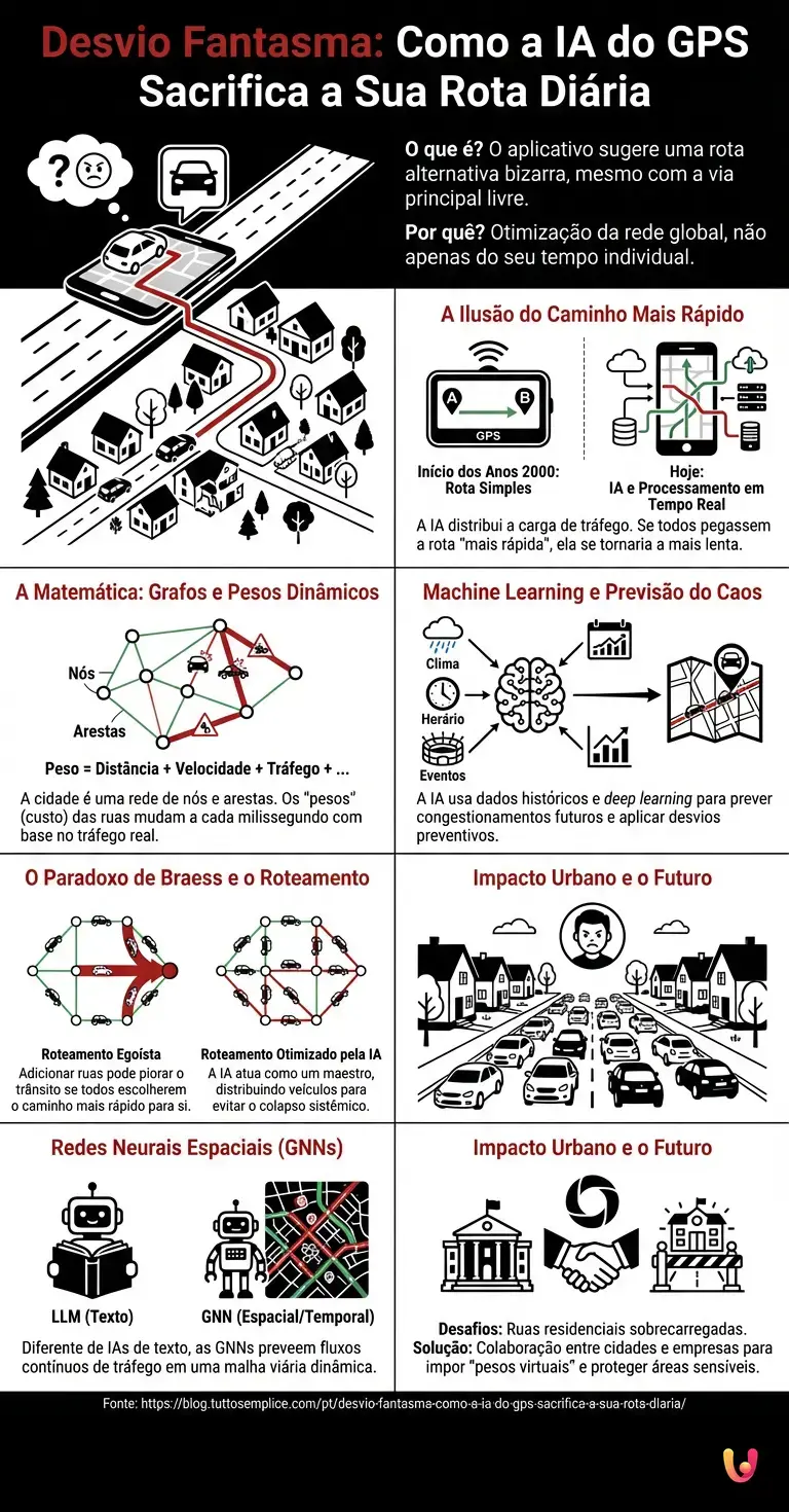 Desvio fantasma: como a IA do GPS sacrifica a sua rota di&aacute;ria - Infogr&aacute;fico resumido