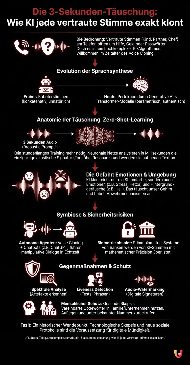 Die 3-Sekunden-Täuschung: Wie KI jede vertraute Stimme exakt klont - Zusammenfassende Infografik
