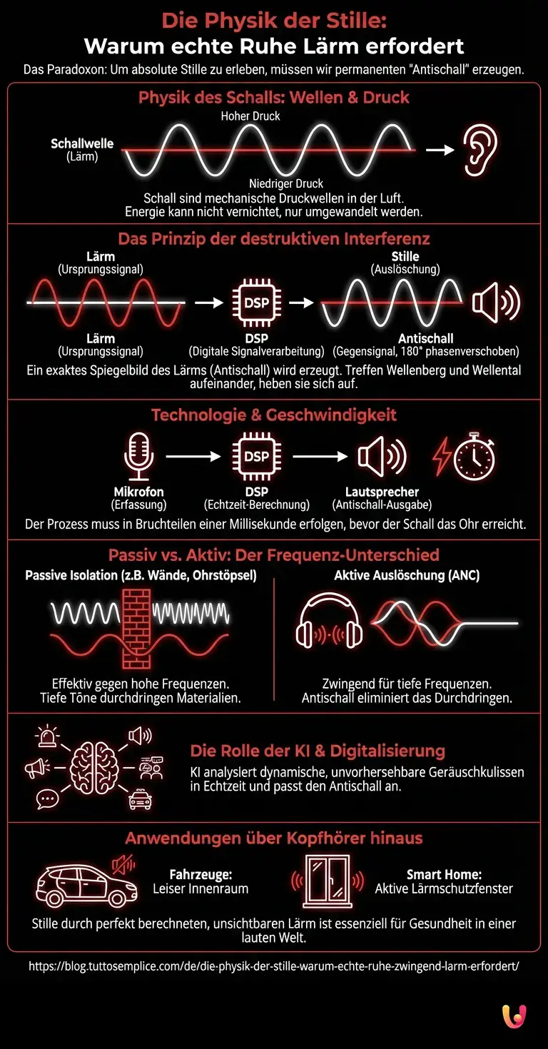Die Physik der Stille: Warum echte Ruhe zwingend L&auml;rm erfordert - Zusammenfassende Infografik