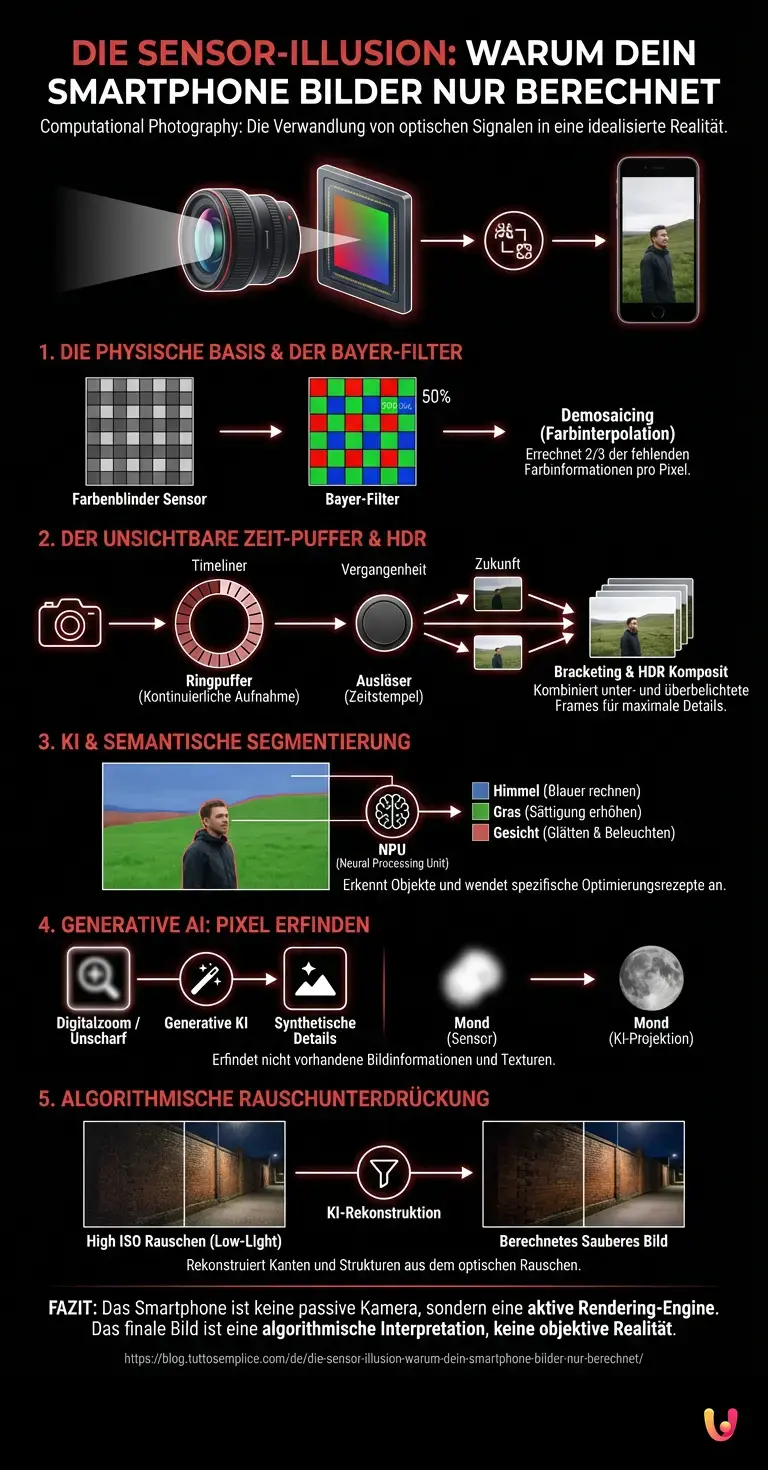 Die Sensor-Illusion: Warum dein Smartphone Bilder nur berechnet - Zusammenfassende Infografik