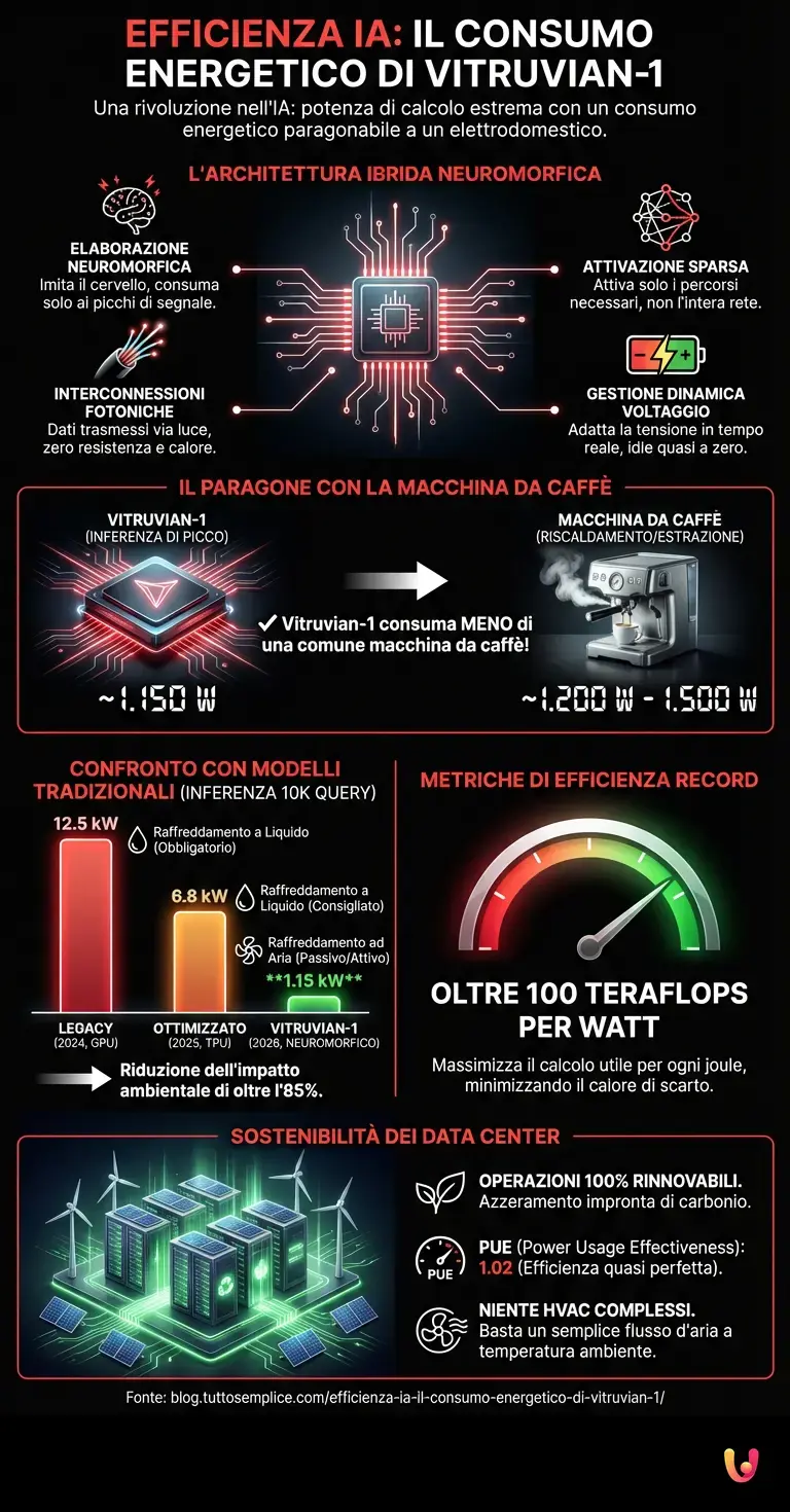 Efficienza IA: Il Consumo Energetico di Vitruvian-1 - Infografica riassuntiva