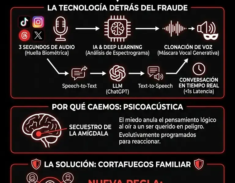 Infografica: El eco impostor: el fraude de 3 segundos que clona a tu familia