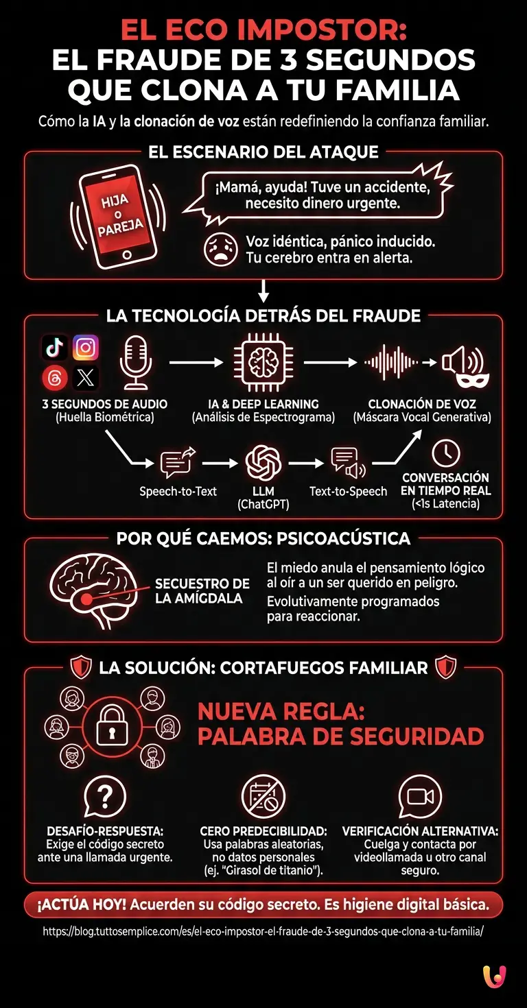 El eco impostor: el fraude de 3 segundos que clona a tu familia - Infograf&iacute;a resumen