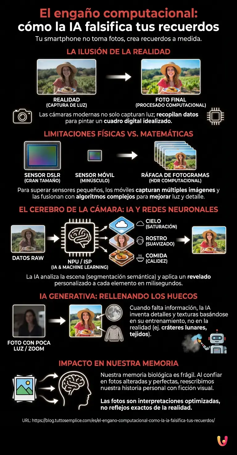 El enga&ntilde;o computacional: c&oacute;mo la IA falsifica tus recuerdos - Infograf&iacute;a resumen