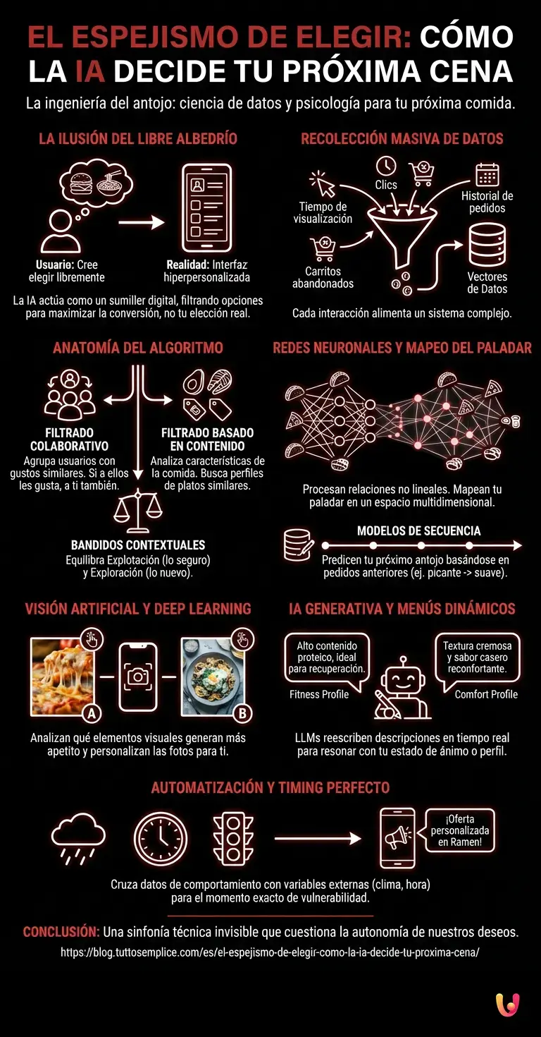 El espejismo de elegir: c&oacute;mo la IA decide tu pr&oacute;xima cena - Infograf&iacute;a resumen