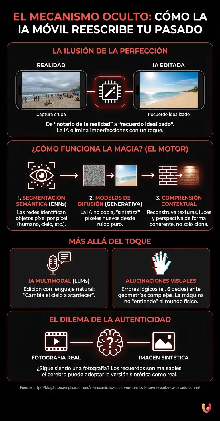 El mecanismo oculto en tu m&oacute;vil que reescribe tu pasado con IA - Infograf&iacute;a resumen