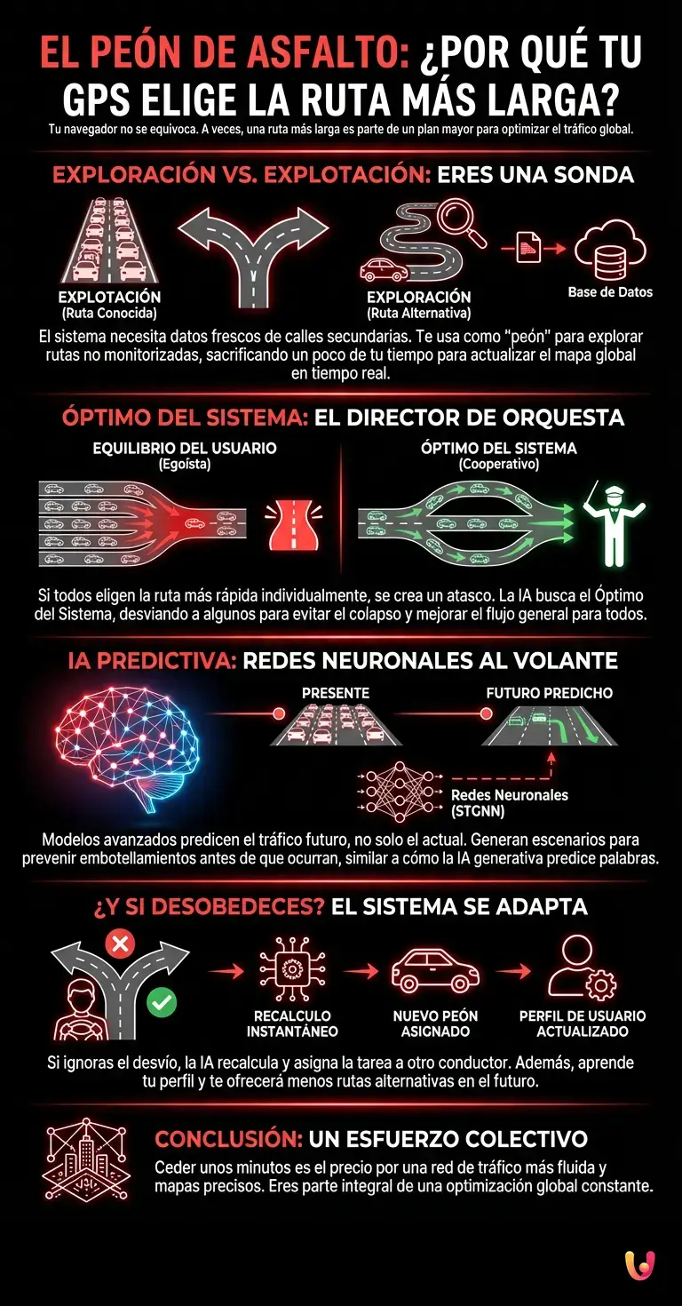El pe&oacute;n de asfalto: por qu&eacute; el algoritmo del GPS te alarga la ruta - Infograf&iacute;a resumen