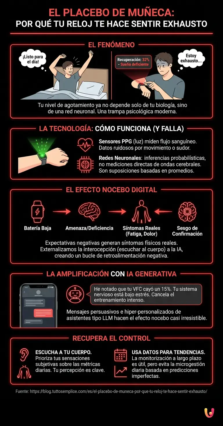 El placebo de mu&ntilde;eca: por qu&eacute; tu reloj te hace sentir exhausto - Infograf&iacute;a resumen