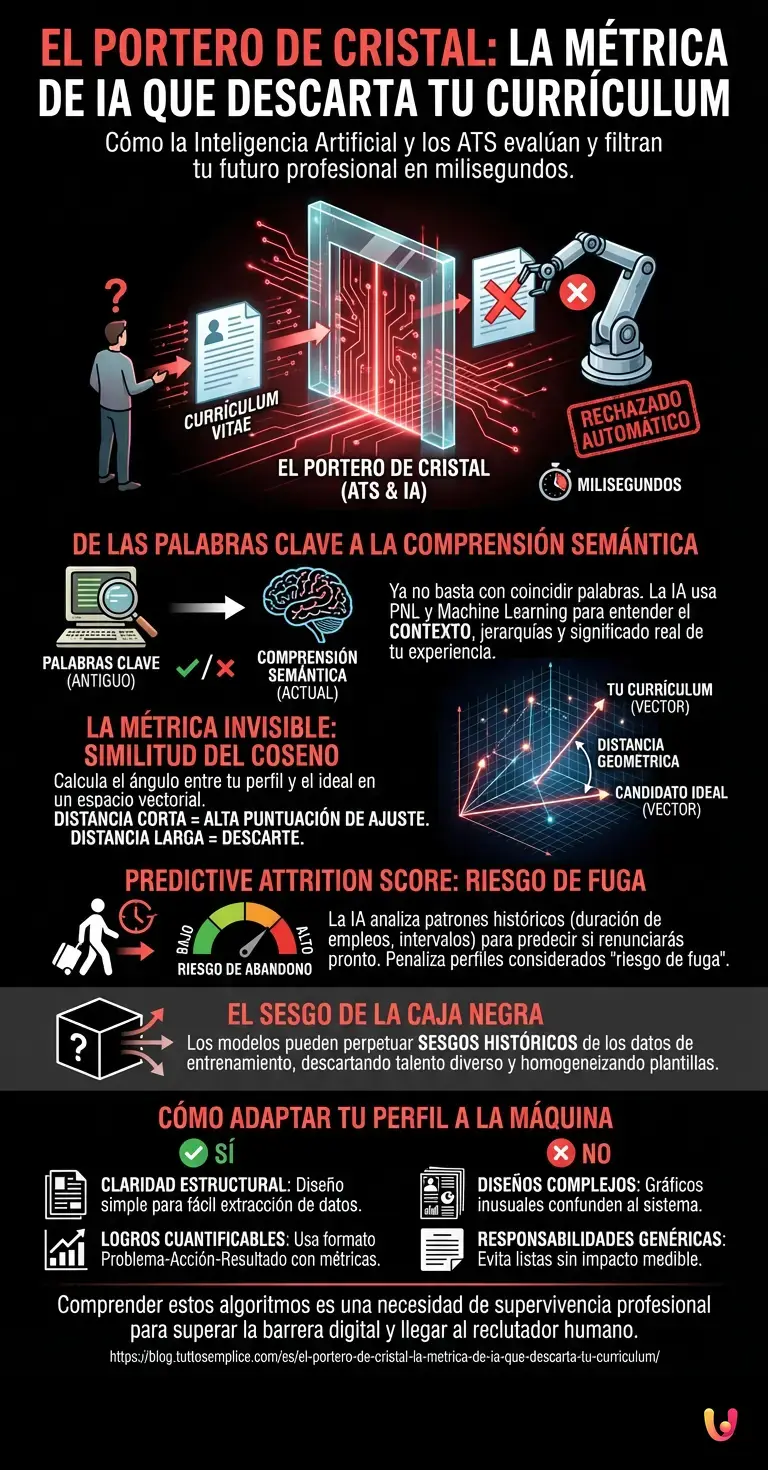 El portero de cristal: la m&eacute;trica de IA que descarta tu curr&iacute;culum - Infograf&iacute;a resumen