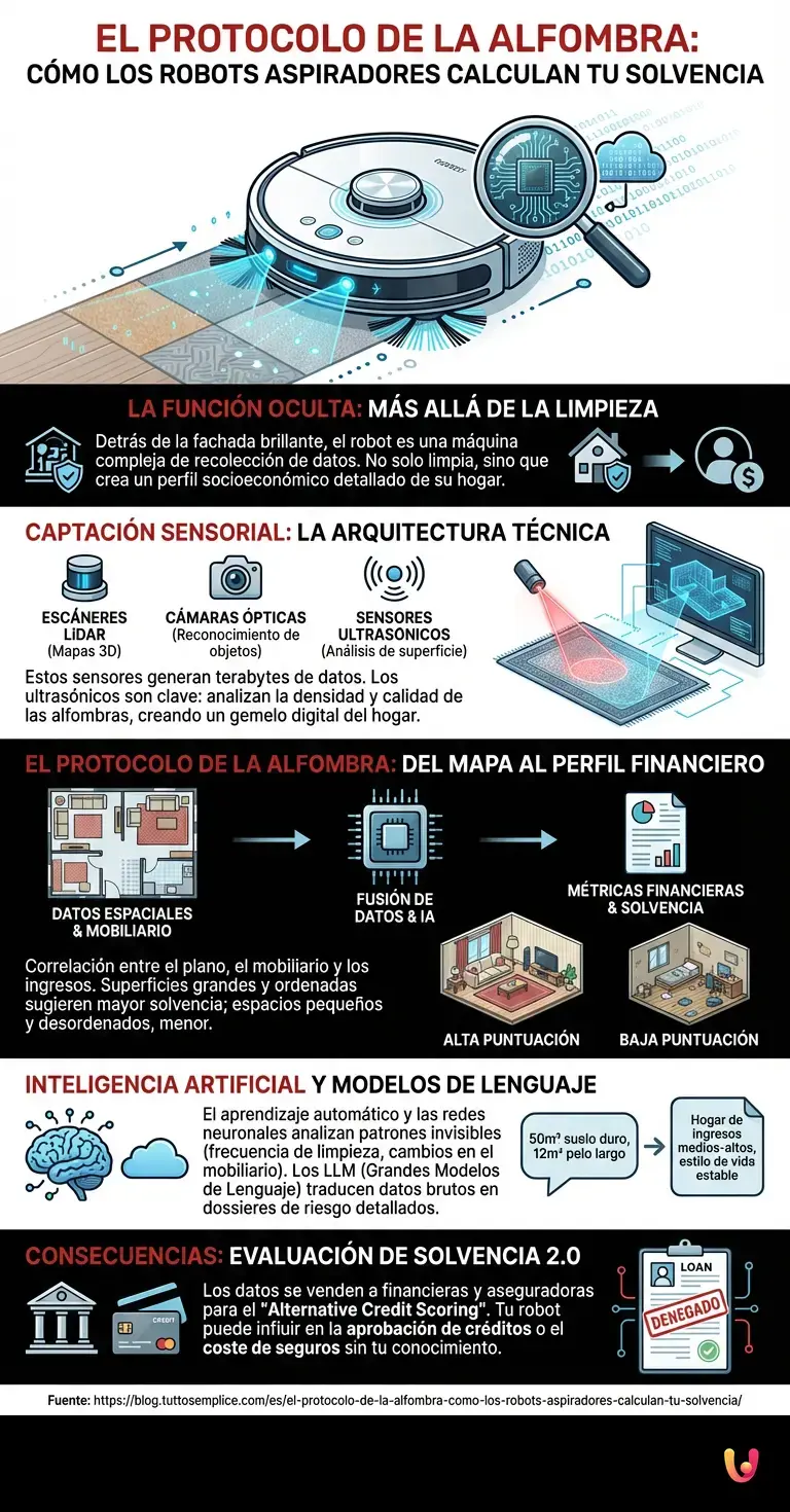El protocolo de la alfombra: C&oacute;mo los robots aspiradores calculan tu solvencia - Infograf&iacute;a resumen