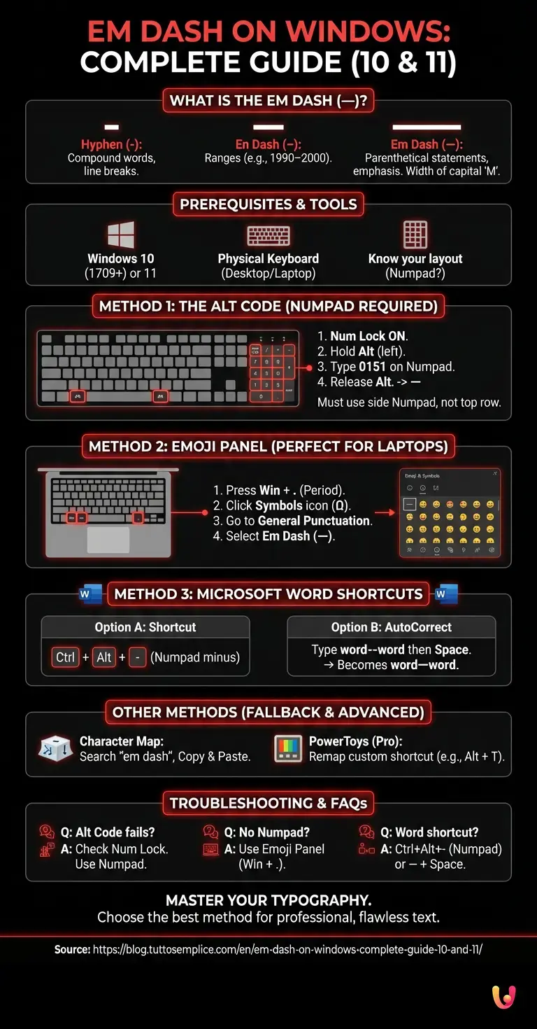 Em Dash on Windows: Complete Guide (10 and 11) - Summary Infographic