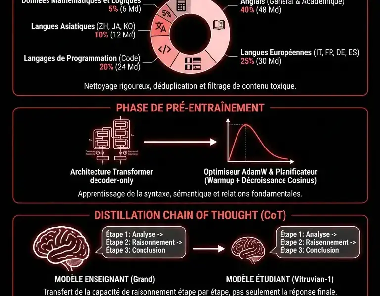 Infografica: Entra&icirc;nement de Vitruvian-1 : Pipeline et Distillation CoT