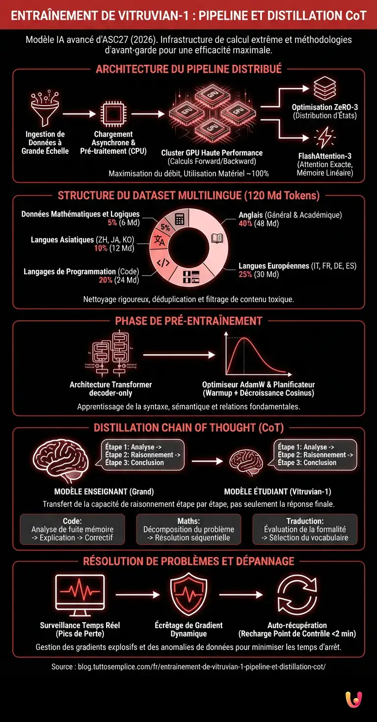 Entra&icirc;nement de Vitruvian-1 : Pipeline et Distillation CoT - Infographie r&eacute;sumant