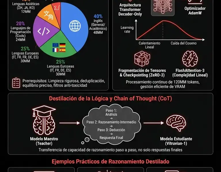 Infografica: Entrenamiento de Vitruvian-1: Pipeline y Destilaci&oacute;n CoT