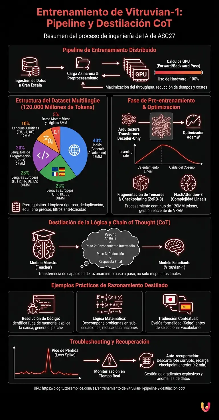 Entrenamiento de Vitruvian-1: Pipeline y Destilaci&oacute;n CoT - Infograf&iacute;a resumen