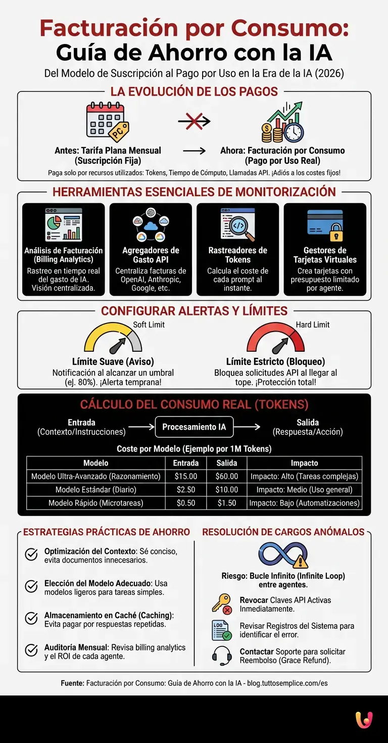Facturaci&oacute;n por Consumo: Gu&iacute;a de Ahorro con la IA - Infograf&iacute;a resumen
