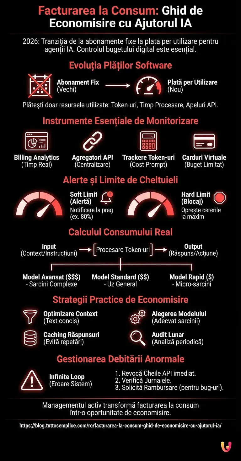 Facturarea la Consum: Ghid de Economisire cu Ajutorul IA - Infografic rezumativ