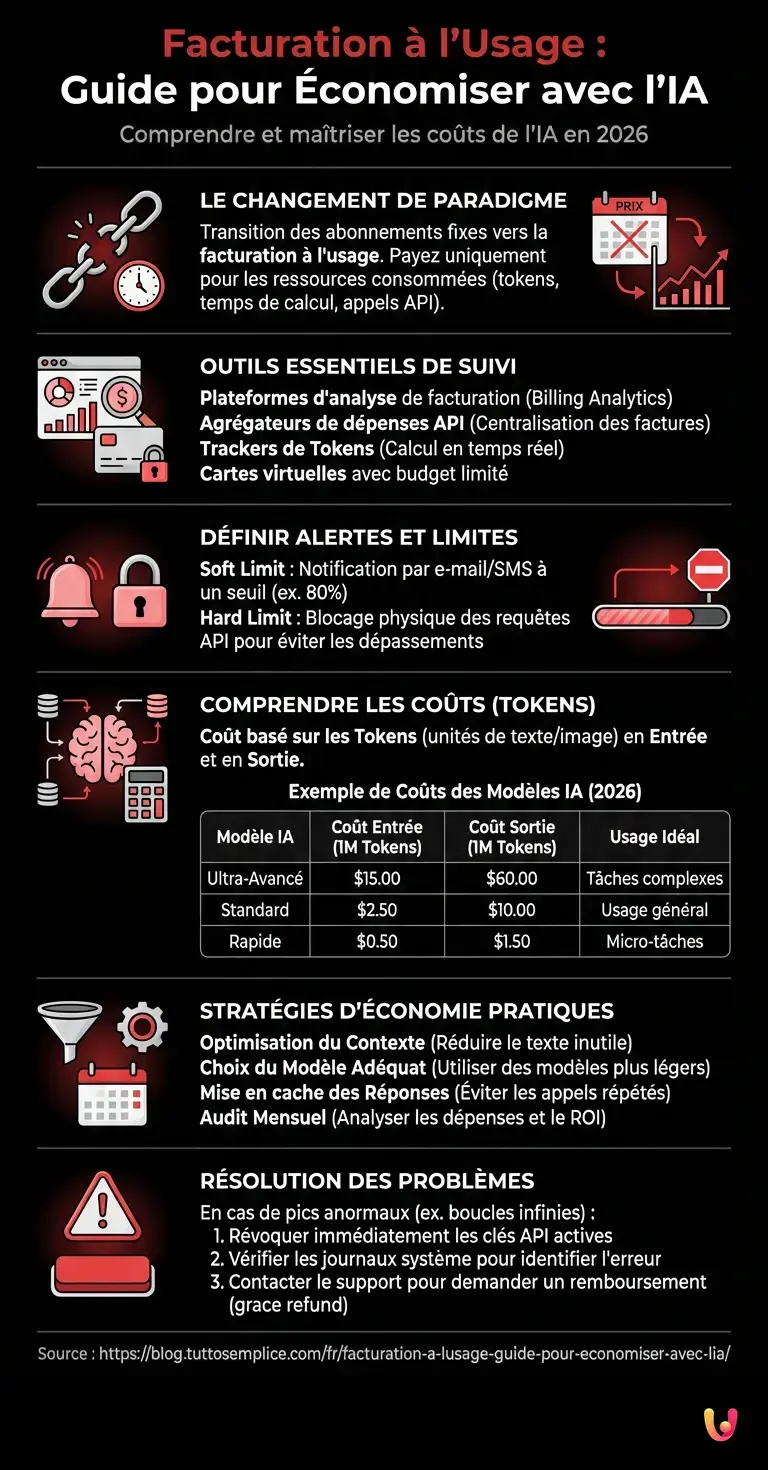 Facturation &agrave; l'Usage : Guide pour &Eacute;conomiser avec l'IA - Infographie r&eacute;sumant