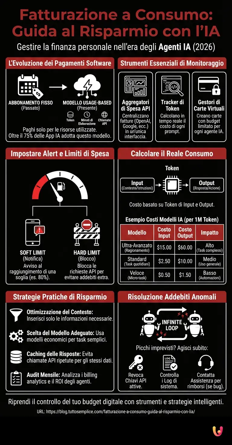 Fatturazione a Consumo: Guida al Risparmio con l'IA - Infografica riassuntiva