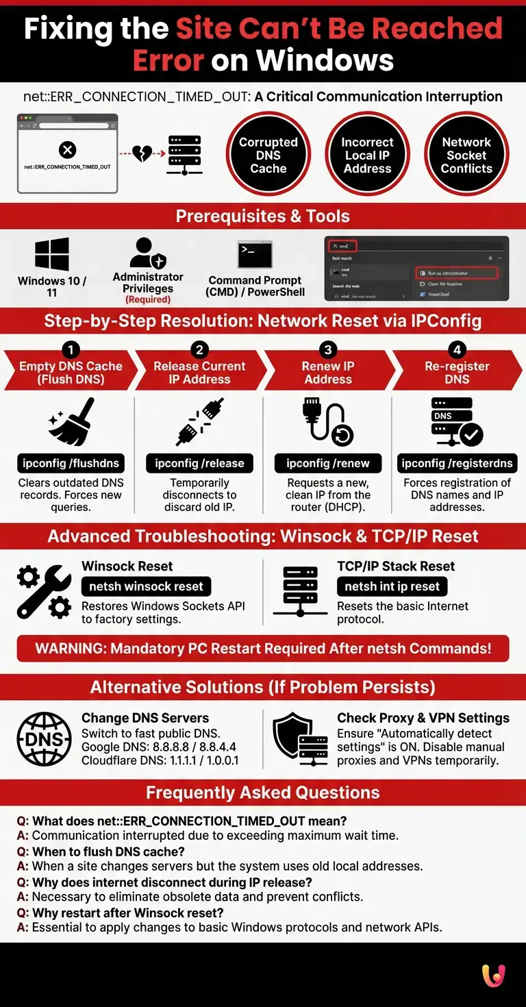 Fixing the Site Can't Be Reached Error on Windows - Summary Infographic