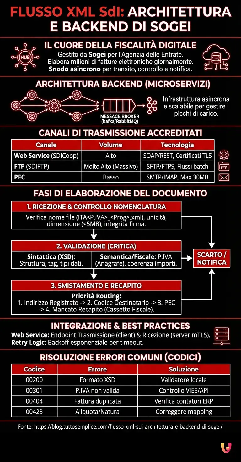 Flusso XML SdI: Architettura e Backend di Sogei - Infografica riassuntiva