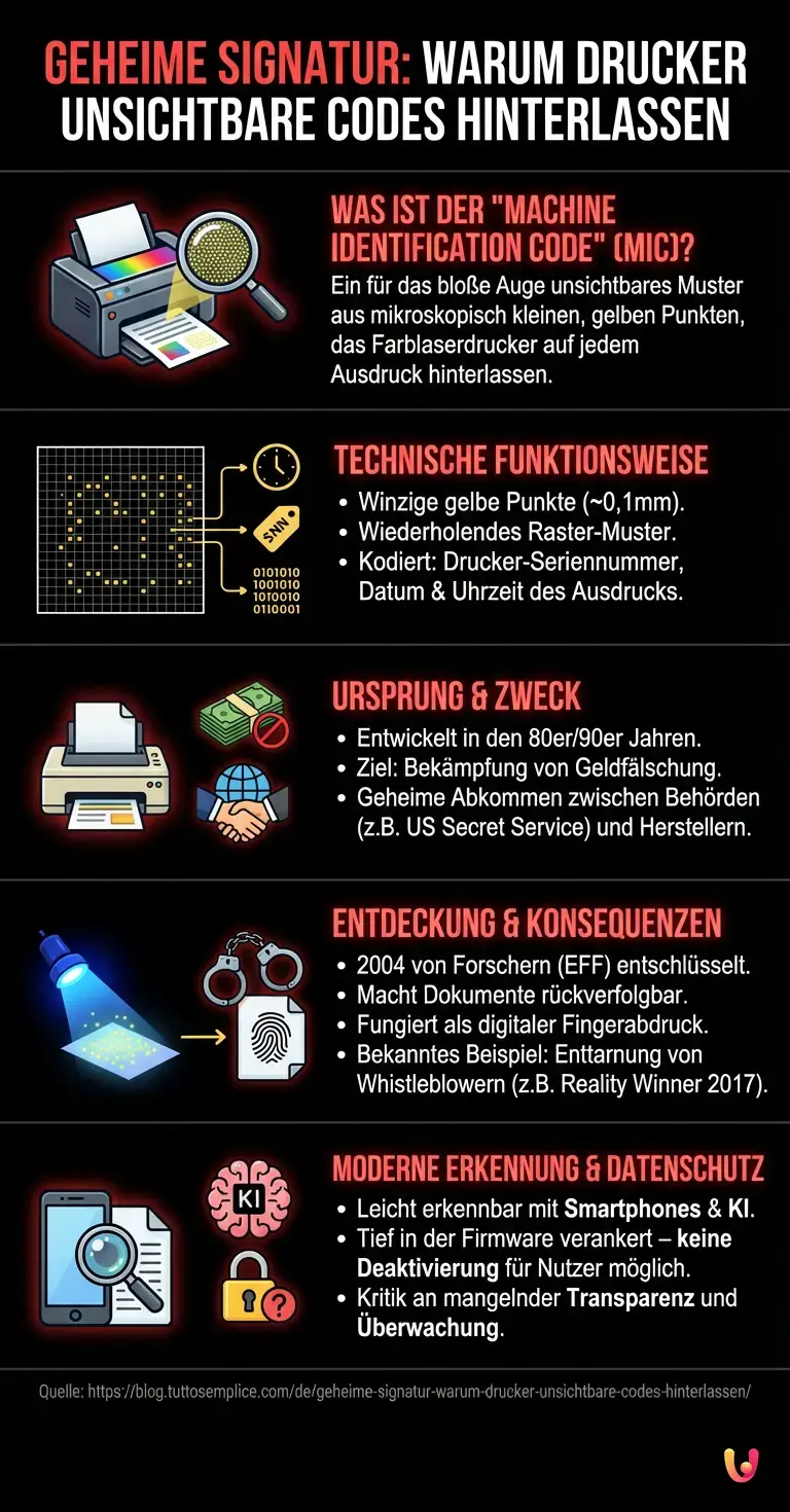 Geheime Signatur: Warum Drucker unsichtbare Codes hinterlassen - Zusammenfassende Infografik