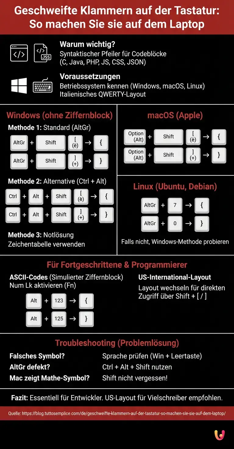 Geschweifte Klammern auf der Tastatur: So machen Sie sie auf dem Laptop - Zusammenfassende Infografik