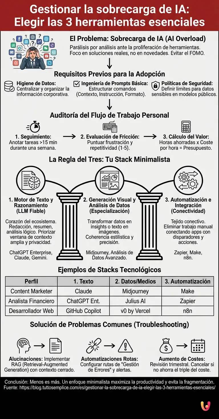 Gestionar la sobrecarga de IA: Elegir las 3 herramientas esenciales - Infograf&iacute;a resumen