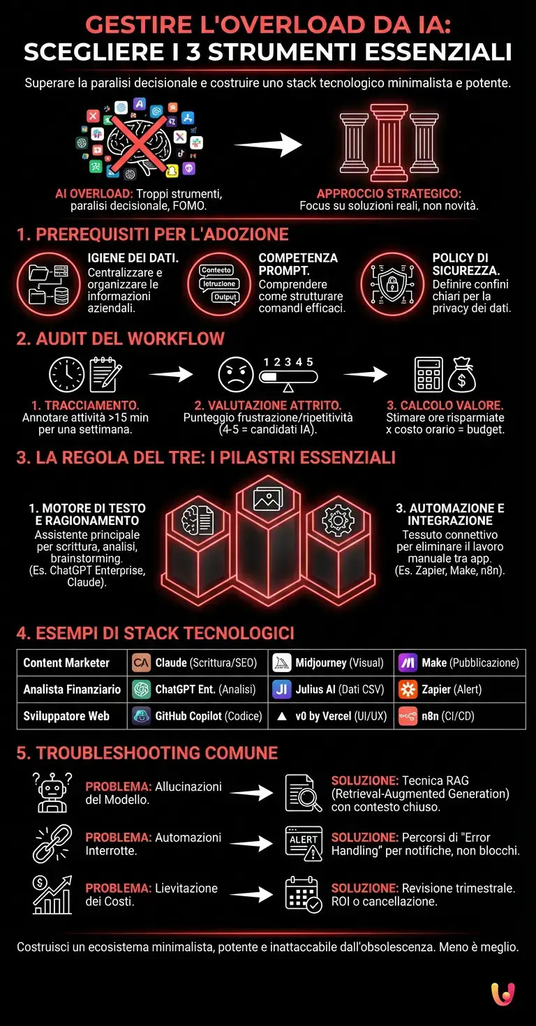 Gestire l'Overload da IA: Scegliere i 3 Strumenti Essenziali - Infografica riassuntiva