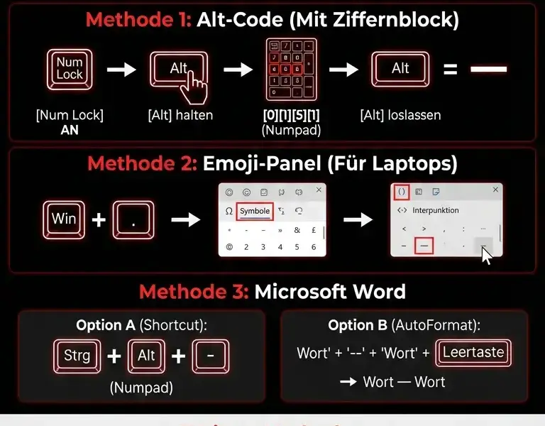 Infografica: Geviertstrich unter Windows: Umfassender Leitfaden (10 und 11)