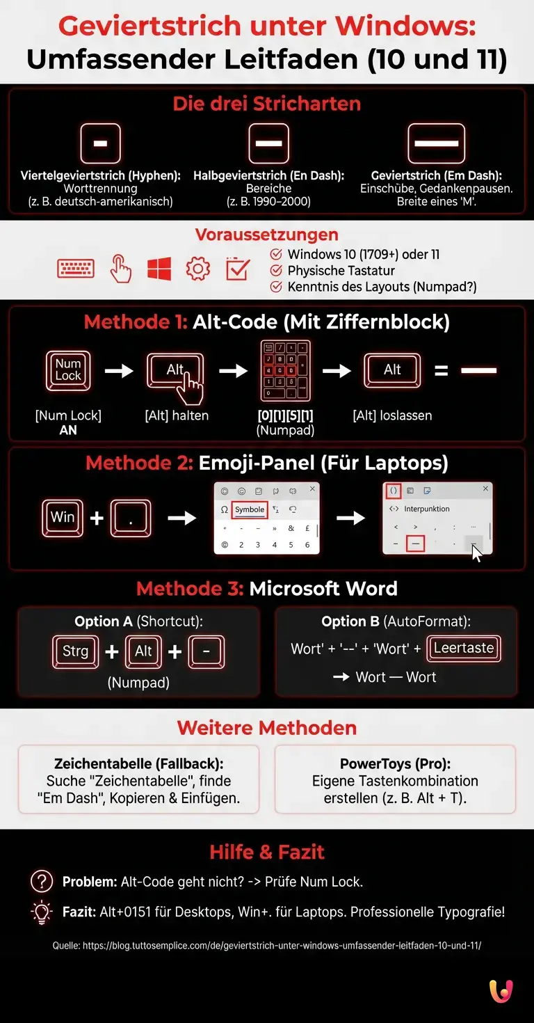 Geviertstrich unter Windows: Umfassender Leitfaden (10 und 11) - Zusammenfassende Infografik