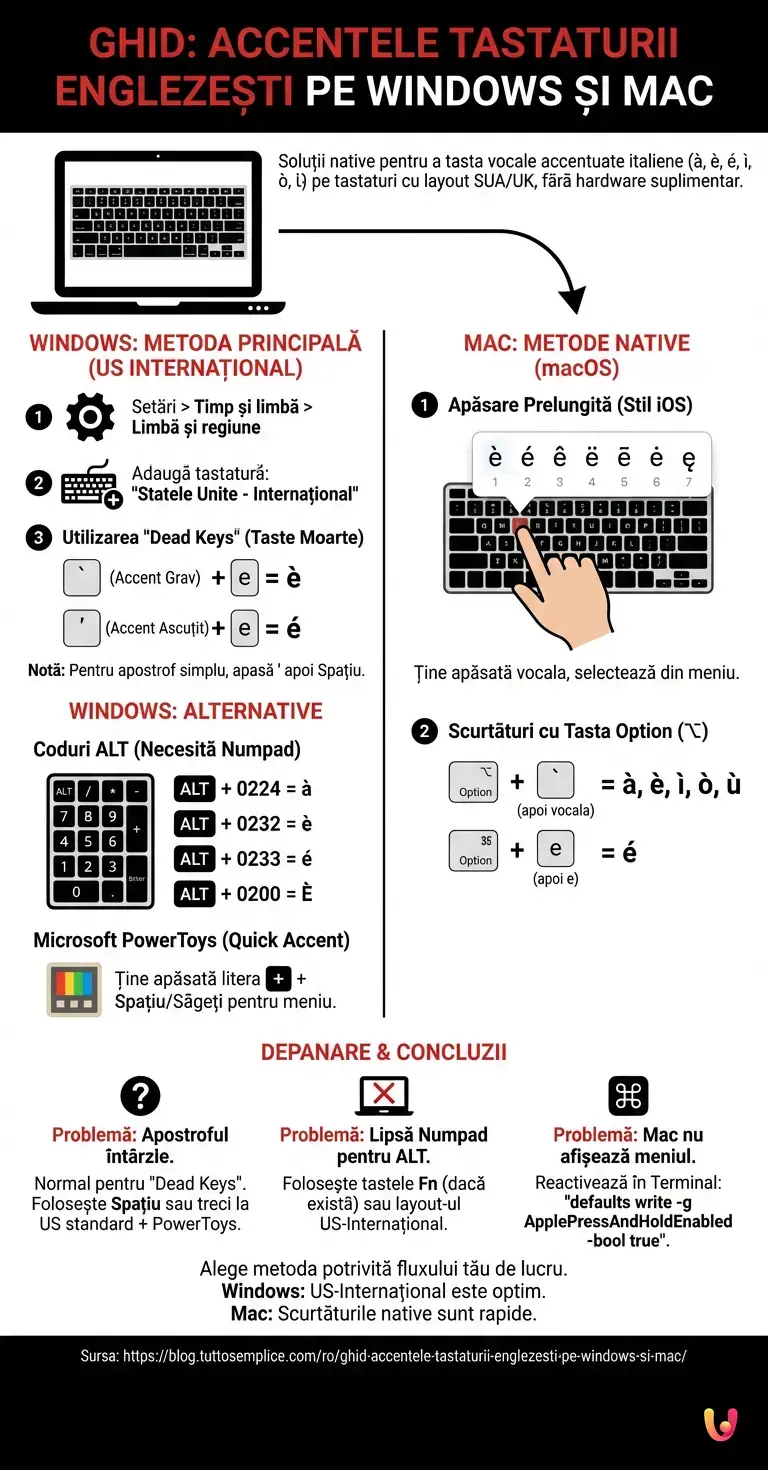 Ghid: Accentele Tastaturii Englezești pe Windows și Mac - Infografic rezumativ