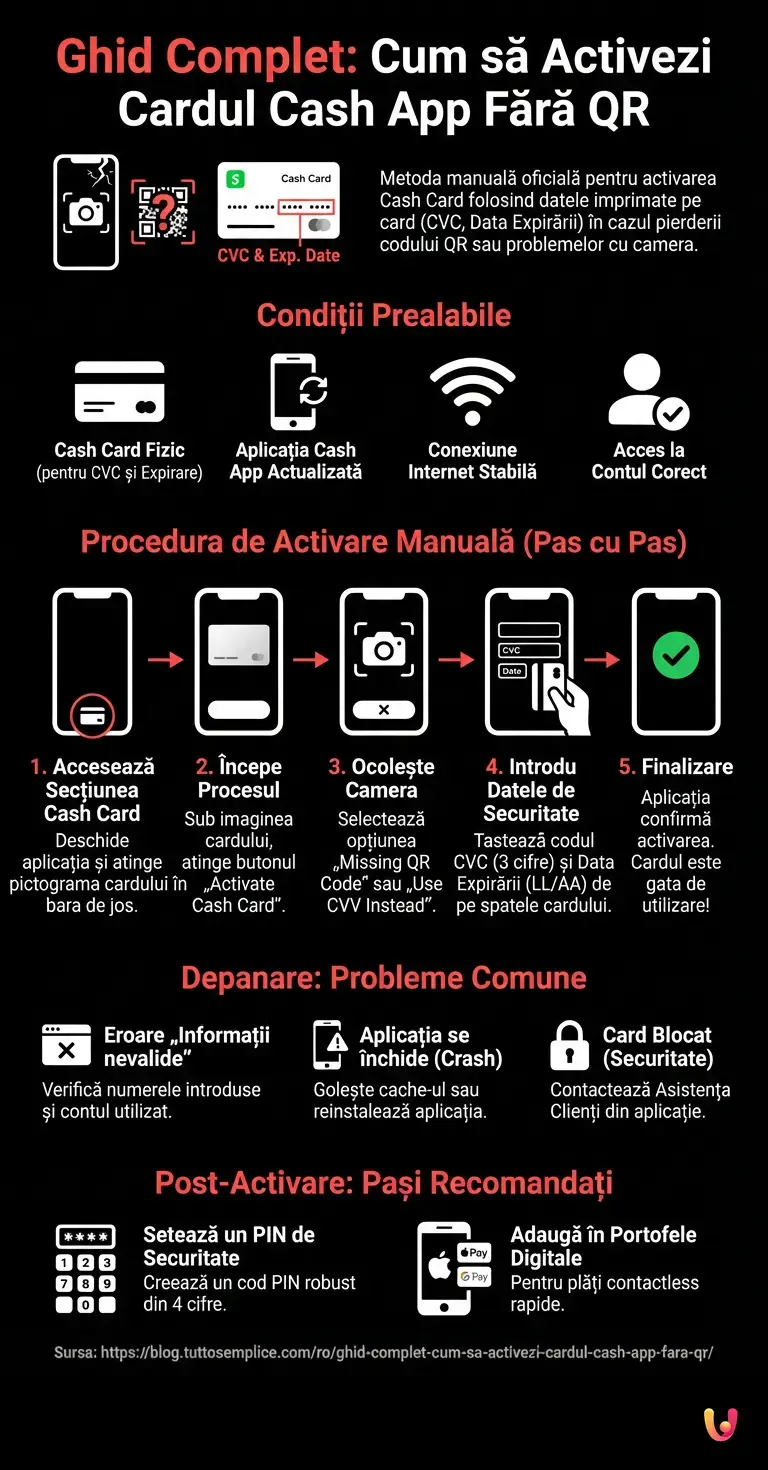 Ghid Complet: Cum să Activezi Cardul Cash App Fără QR - Infografic rezumativ