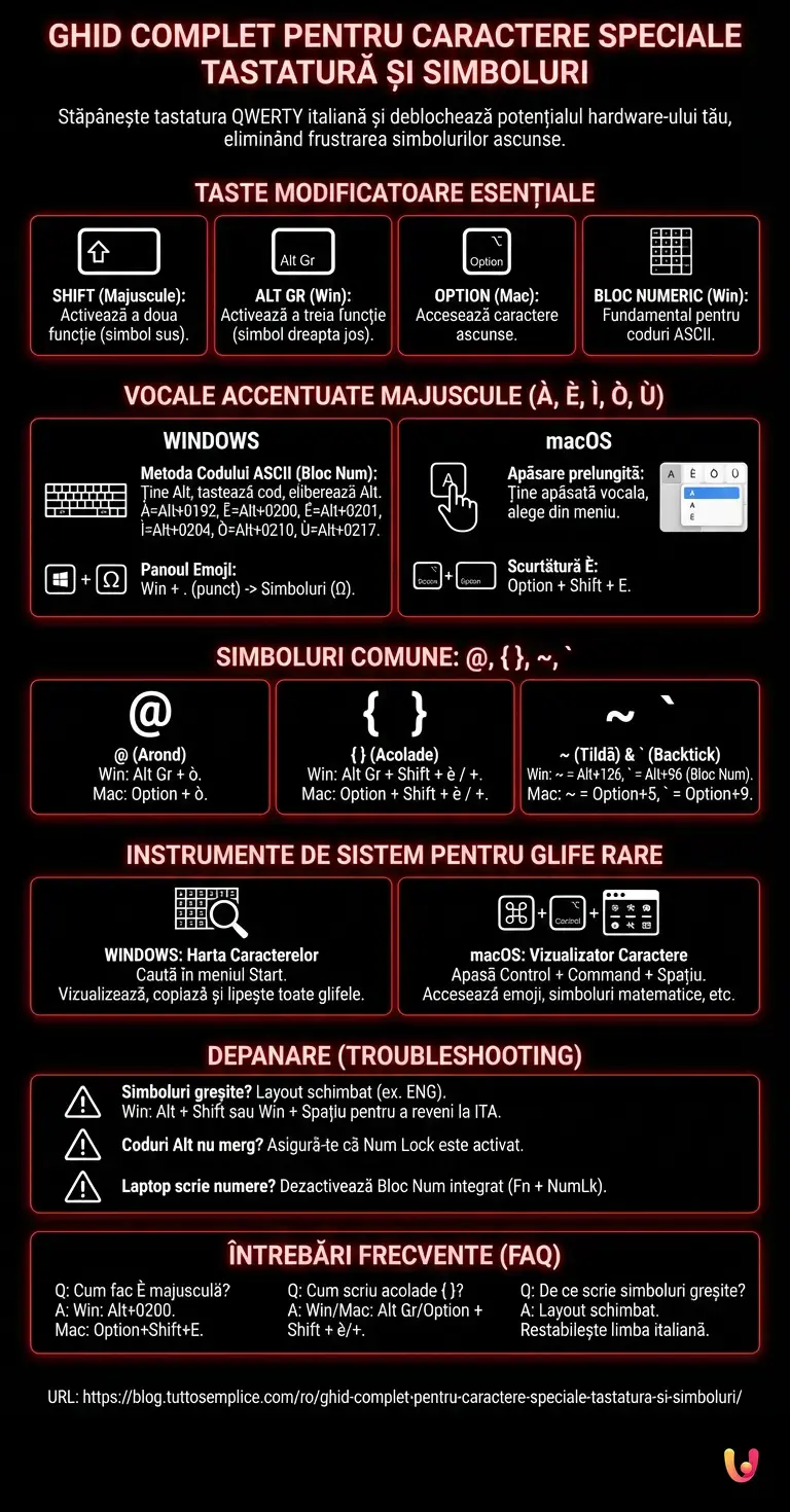 Ghid Complet pentru Caractere Speciale Tastatură și Simboluri - Infografic rezumativ