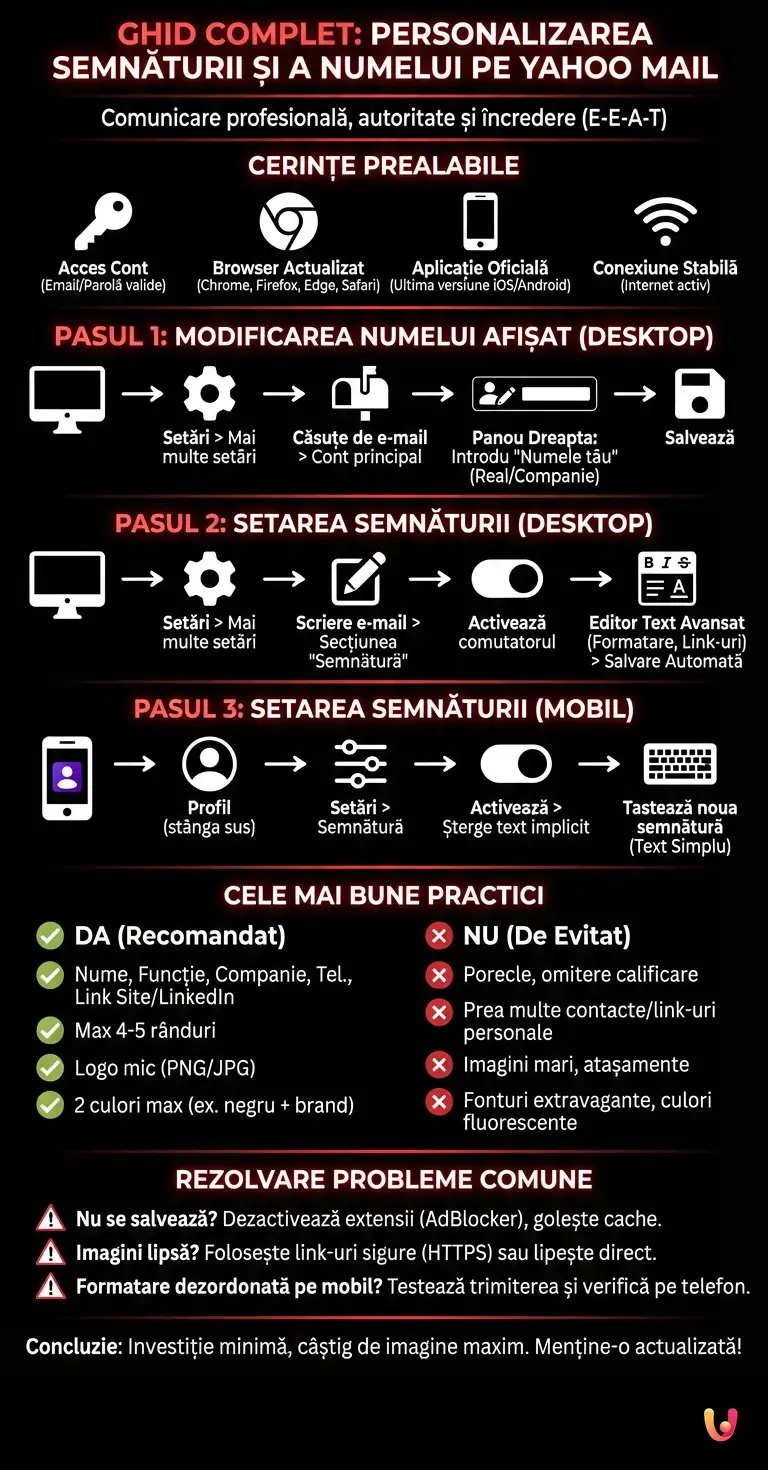 Ghid Complet pentru Personalizarea Semnăturii și a Numelui pe Yahoo Mail - Infografic rezumativ