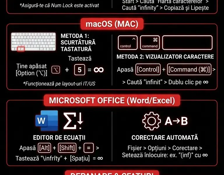 Infografica: Ghid Complet pentru Simbolul Infinit pe Tastatură la PC și Mac