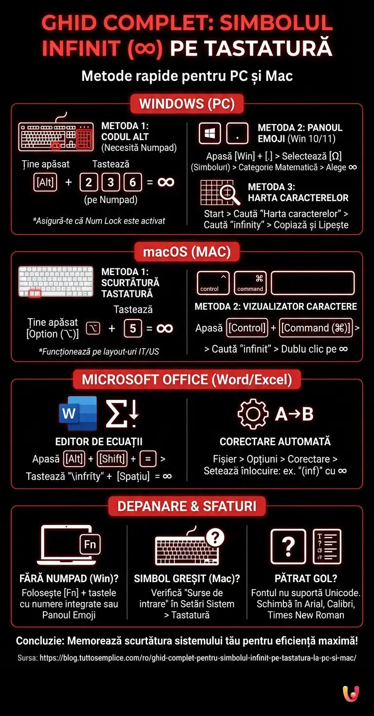 Ghid Complet pentru Simbolul Infinit pe Tastatură la PC și Mac - Infografic rezumativ
