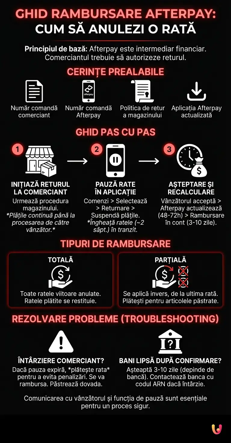 Ghid pentru Rambursarea Afterpay: Cum să Anulezi o Rată - Infografic rezumativ