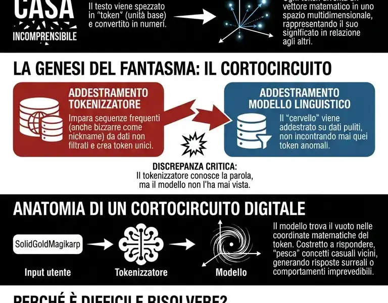 Infografica: Glitch Token: il mistero della parola fantasma che blocca l'AI