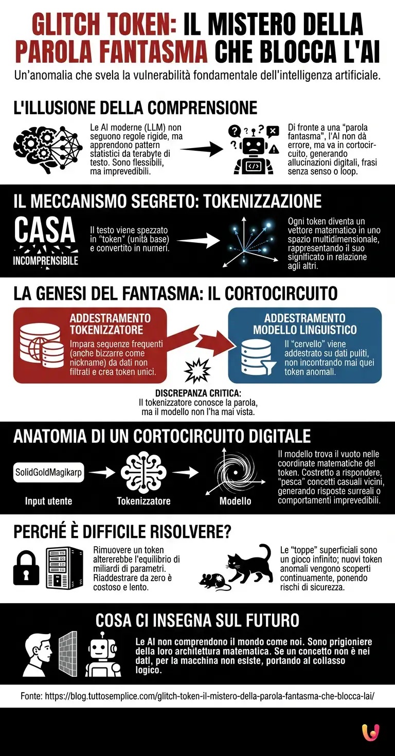Glitch Token: il mistero della parola fantasma che blocca l'AI - Infografica riassuntiva